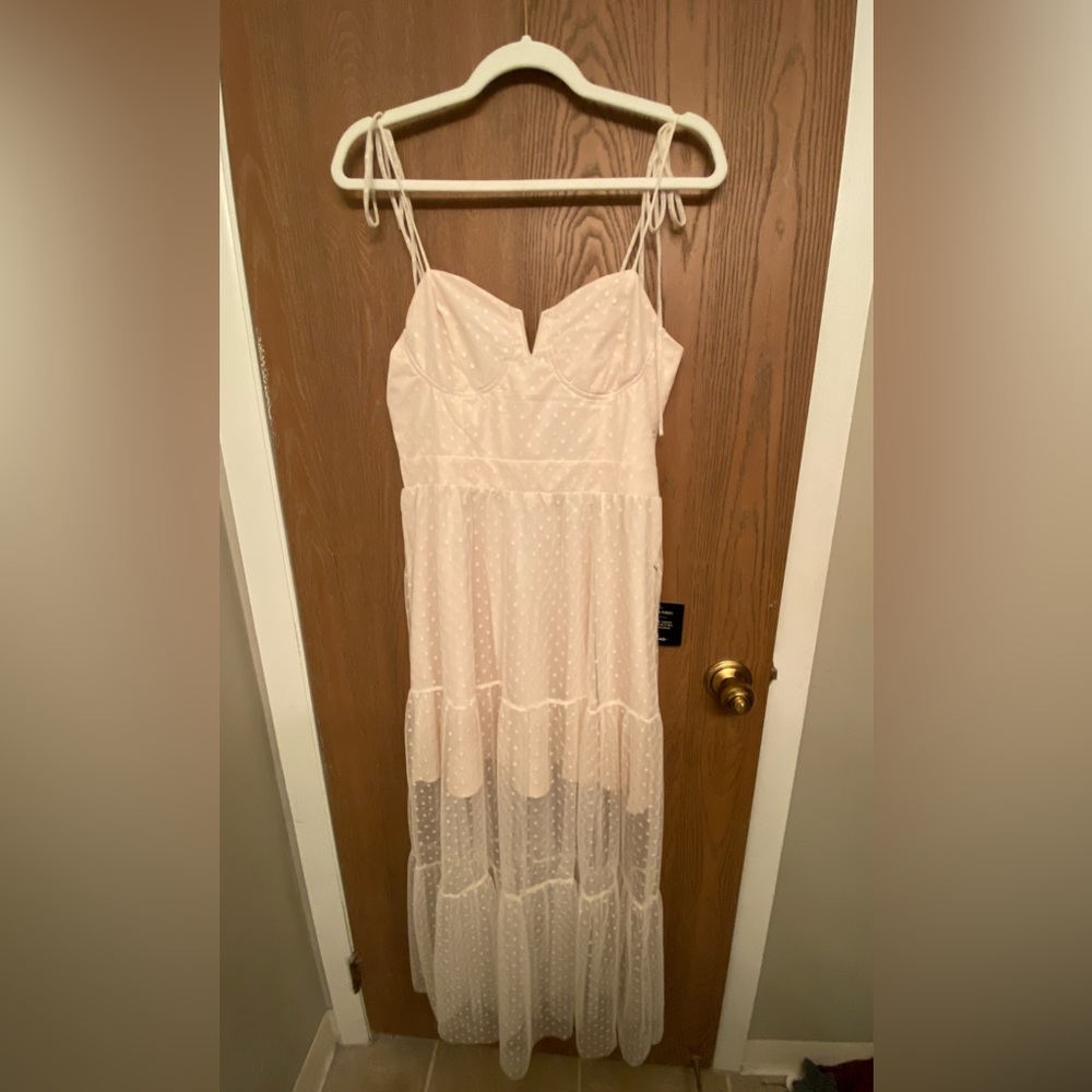 Lulu’s Romantic Spot Cream Polka Dot Mesh Tiered Midi Dress